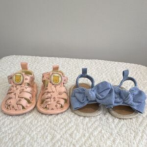 Disney Baby Girls Sandals Lot 2 Pink & Blue Bow Slip On Casual 0-3M-3-6M